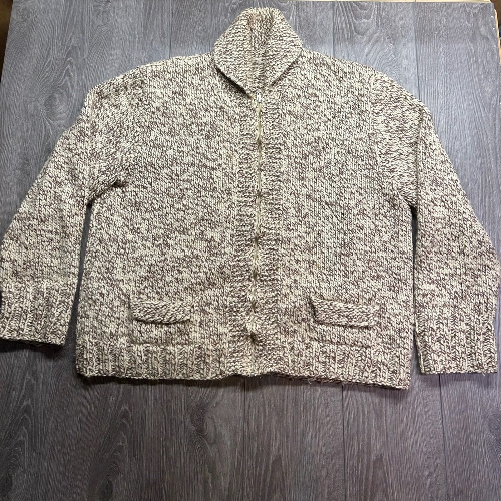 Vintage 70s Wool Cowichan Shawl Collar Cardigan Sweater Brown Cream Large Zipper